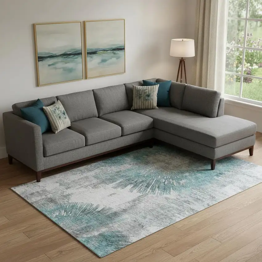 Teal Ivory And Gray Abstract Washable Area Rug With UV Protection Photo 1