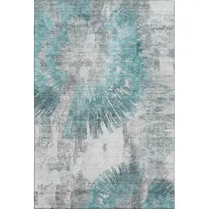 Photo of Teal Ivory And Gray Abstract Washable Area Rug With UV Protection