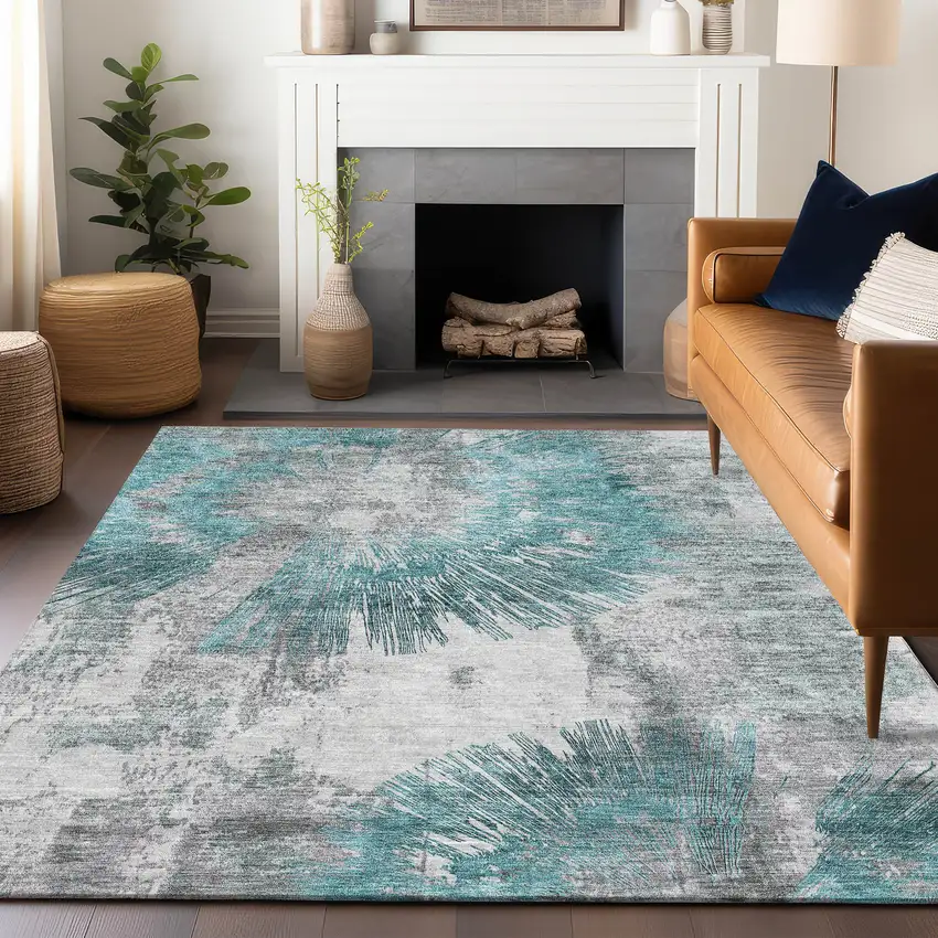 Teal Ivory And Gray Abstract Washable Area Rug With UV Protection Photo 4