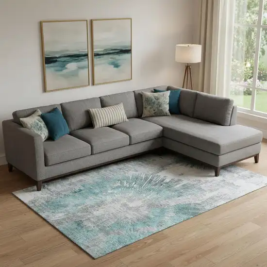 Teal Ivory And Gray Abstract Washable Area Rug With UV Protection Photo 1