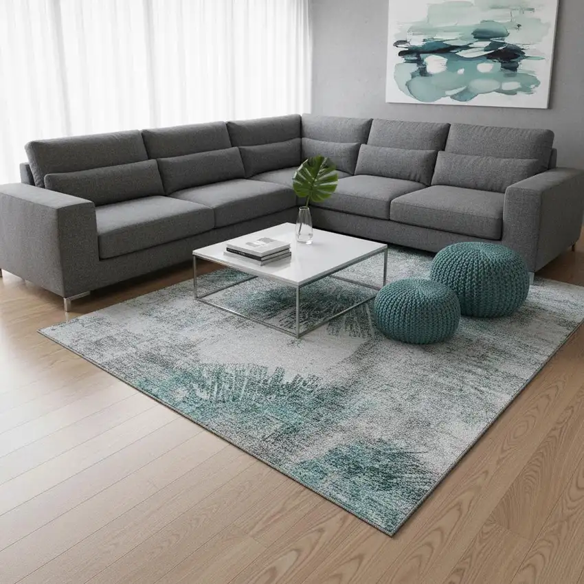 Teal Ivory And Gray Abstract Washable Area Rug With UV Protection Photo 2