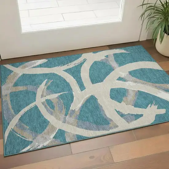 Teal Ivory And Gray Abstract Washable Area Rug With UV Protection Photo 2