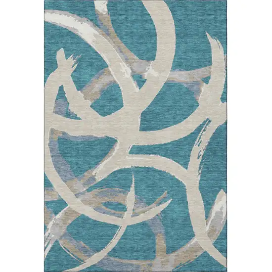 Teal Ivory And Gray Abstract Washable Area Rug With UV Protection Photo 3