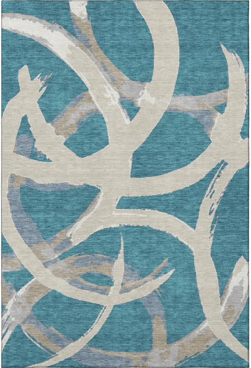Teal Ivory And Gray Abstract Washable Area Rug With UV Protection Photo 3
