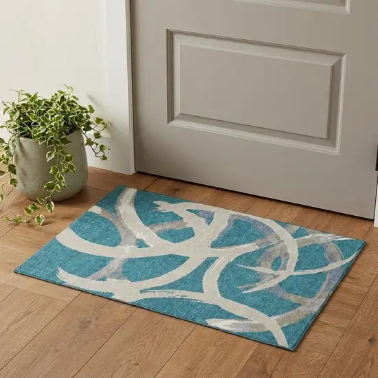 Teal Ivory And Gray Abstract Washable Area Rug With UV Protection Photo 1