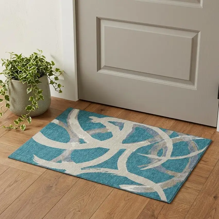 Teal Ivory And Gray Abstract Washable Area Rug With UV Protection Photo 1
