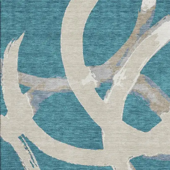 Teal Ivory And Gray Abstract Washable Area Rug With UV Protection Photo 2