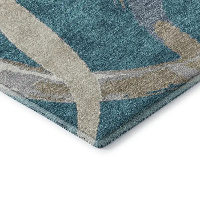 Teal Ivory And Gray Abstract Washable Area Rug With UV Protection Photo 6