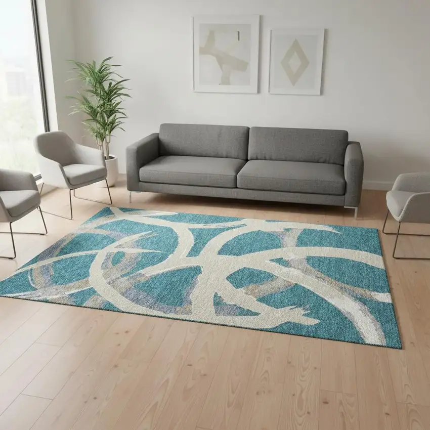 Teal Ivory And Gray Abstract Washable Area Rug With UV Protection Photo 2