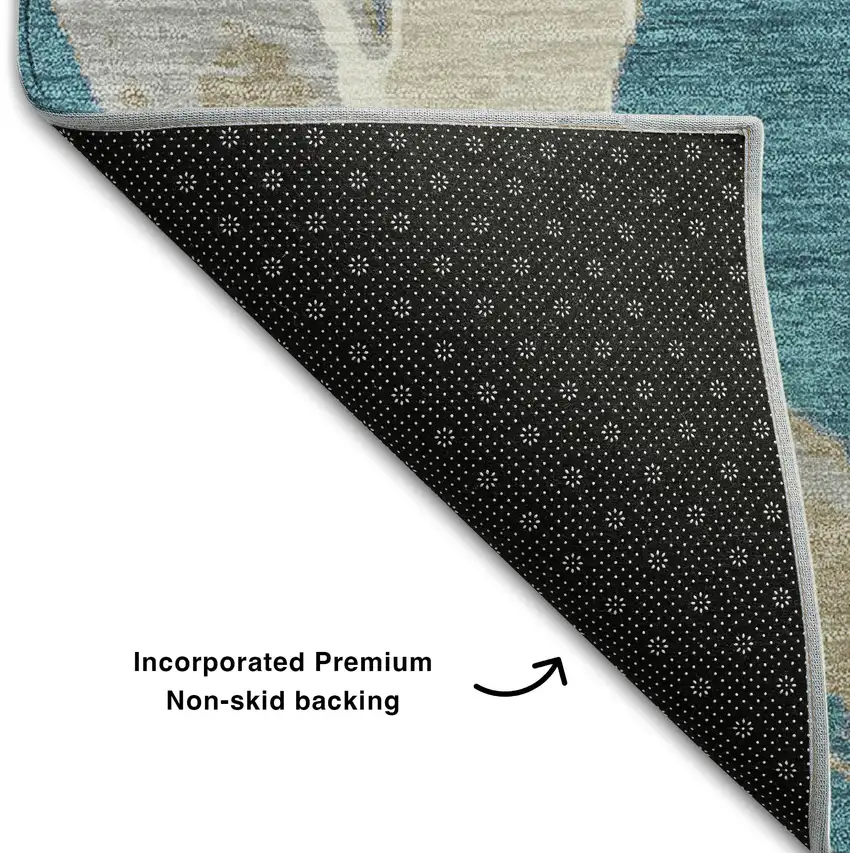 Teal Ivory And Gray Abstract Washable Area Rug With UV Protection Photo 5