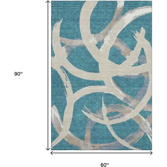 Teal Ivory And Gray Abstract Washable Area Rug With UV Protection Photo 9