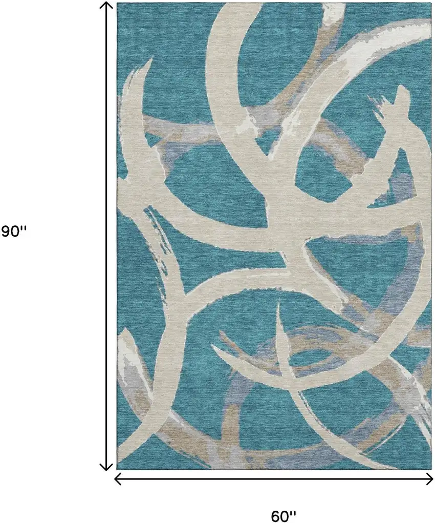 Teal Ivory And Gray Abstract Washable Area Rug With UV Protection Photo 9