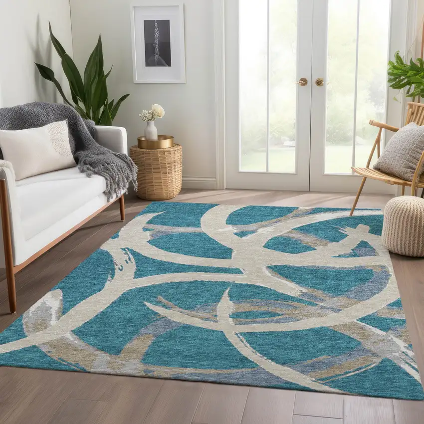 Teal Ivory And Gray Abstract Washable Area Rug With UV Protection Photo 4