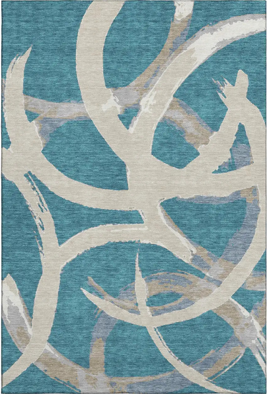 Teal Ivory And Gray Abstract Washable Area Rug With UV Protection Photo 1