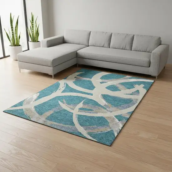 Teal Ivory And Gray Abstract Washable Area Rug With UV Protection Photo 2