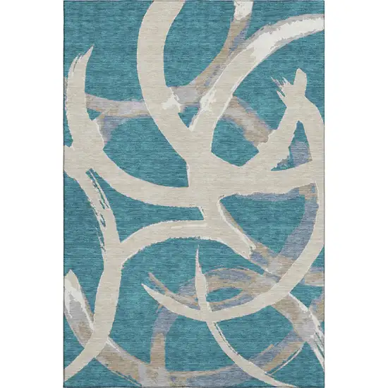 Teal Ivory And Gray Abstract Washable Area Rug With UV Protection Photo 1