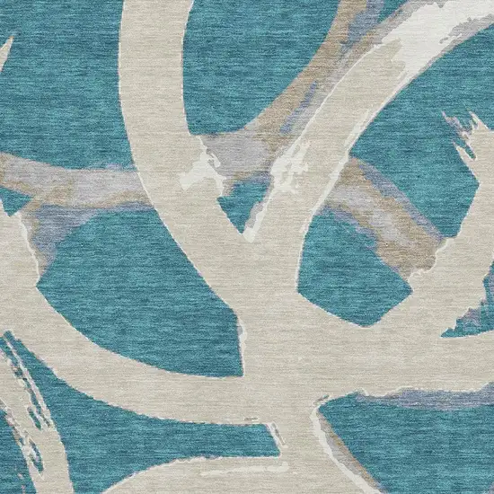 Teal Ivory And Gray Abstract Washable Area Rug With UV Protection Photo 2