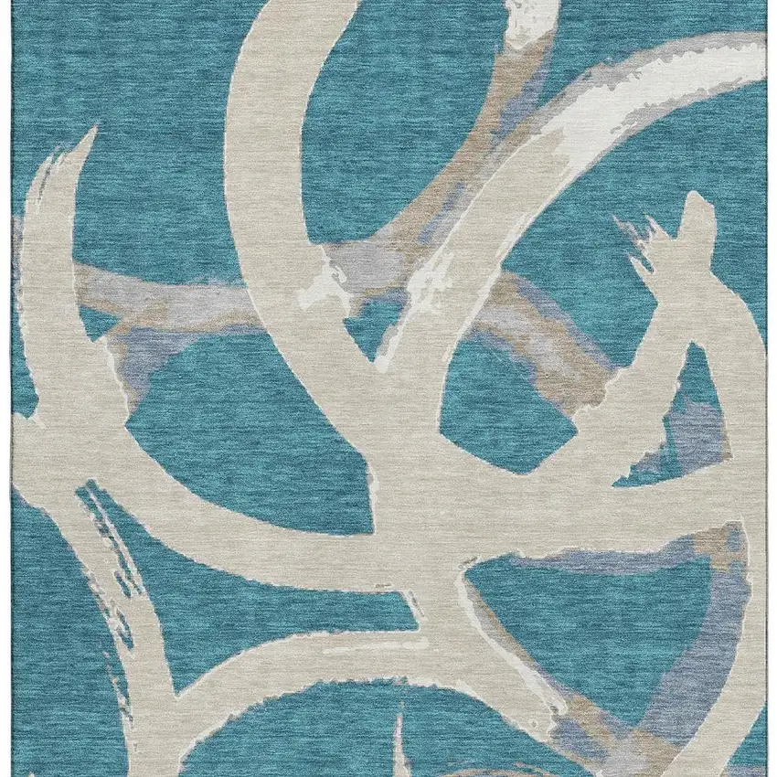 Teal Ivory And Gray Abstract Washable Area Rug With UV Protection Photo 3