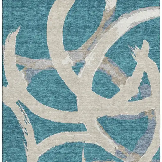 Teal Ivory And Gray Abstract Washable Area Rug With UV Protection Photo 3