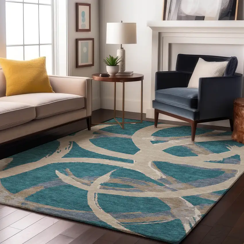 Teal Ivory And Gray Abstract Washable Area Rug With UV Protection Photo 4