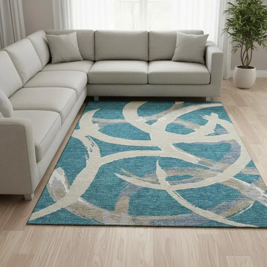 Teal Ivory And Gray Abstract Washable Area Rug With UV Protection Photo 2