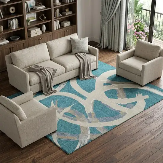 Teal Ivory And Gray Abstract Washable Area Rug With UV Protection Photo 1