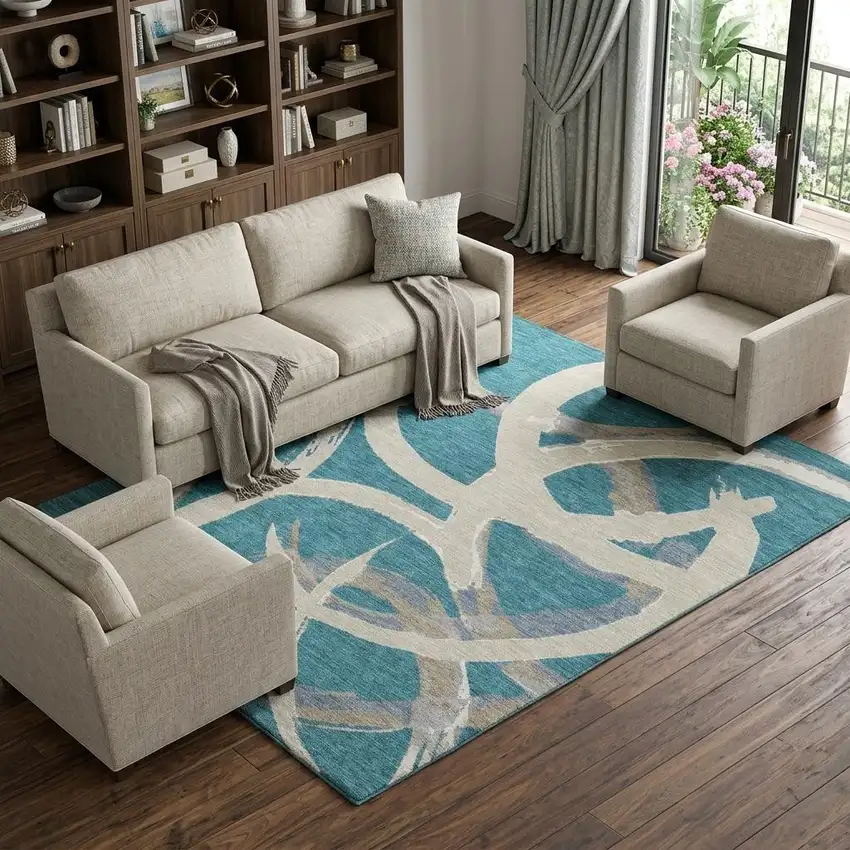Teal Ivory And Gray Abstract Washable Area Rug With UV Protection Photo 1