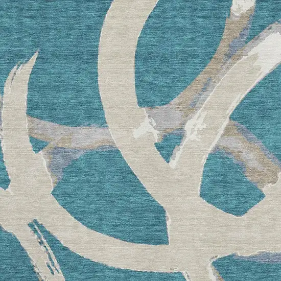 Teal Ivory And Gray Abstract Washable Area Rug With UV Protection Photo 2