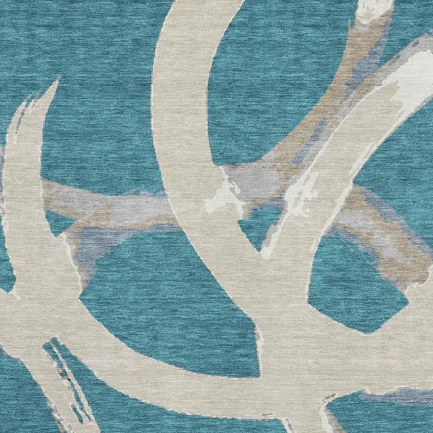 Teal Ivory And Gray Abstract Washable Area Rug With UV Protection Photo 2