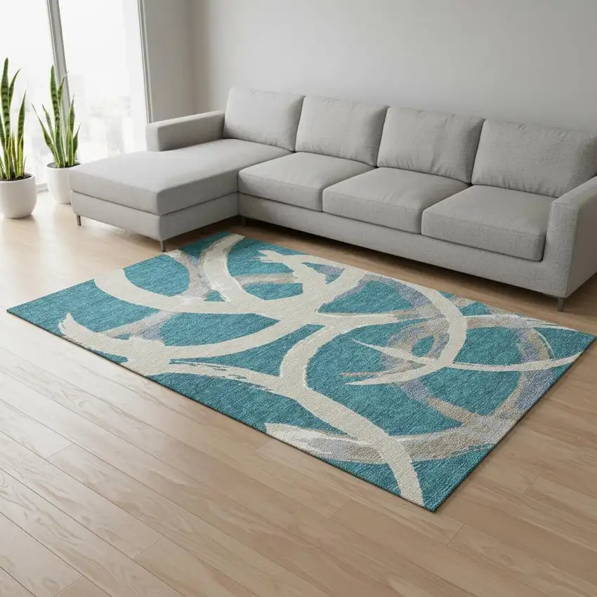 Teal Ivory And Gray Abstract Washable Area Rug With UV Protection Photo 2