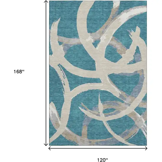 Teal Ivory And Gray Abstract Washable Area Rug With UV Protection Photo 8