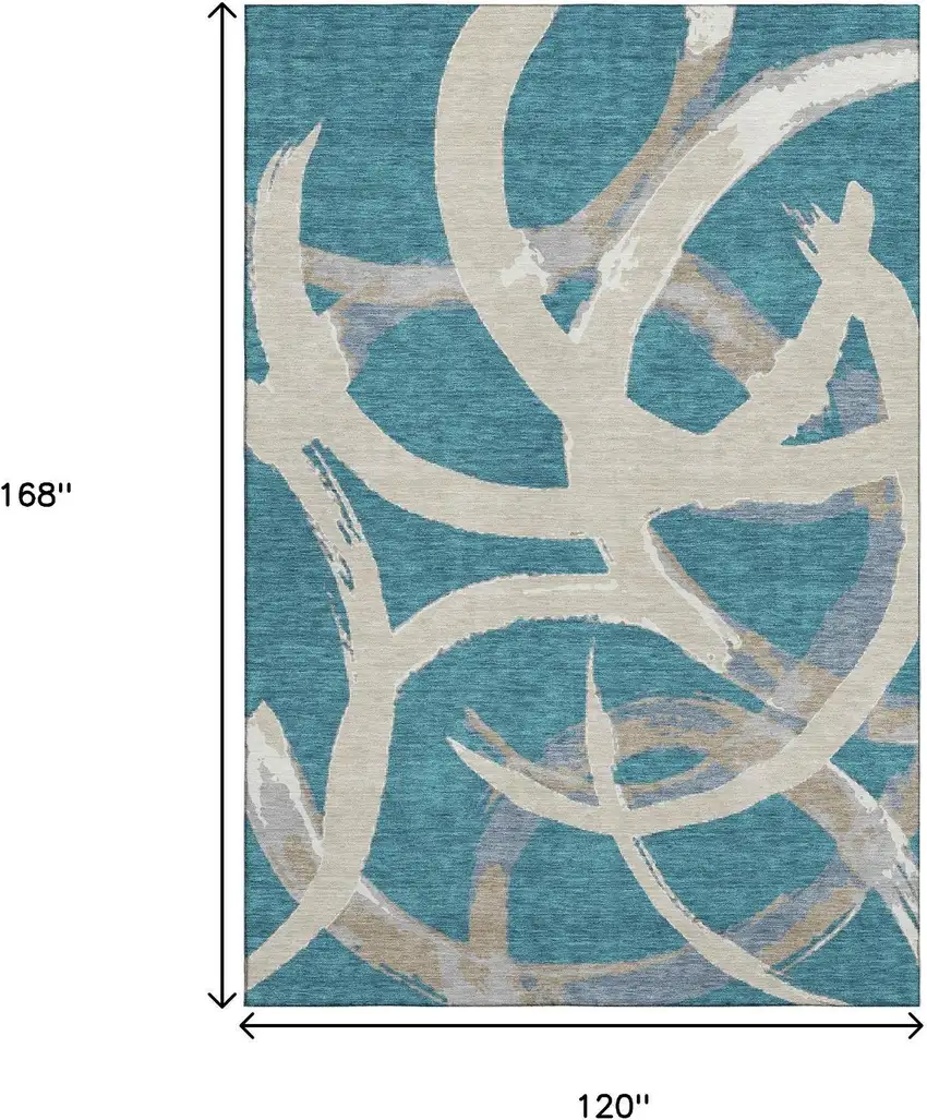 Teal Ivory And Gray Abstract Washable Area Rug With UV Protection Photo 8