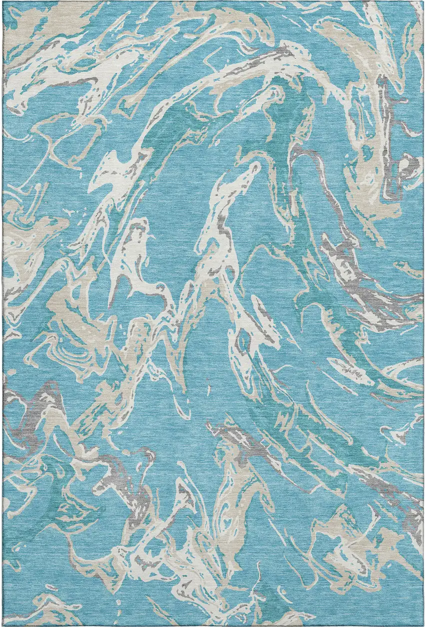Teal Ivory And Gray Abstract Washable Area Rug With UV Protection Photo 1