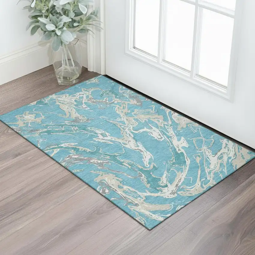 Teal Ivory And Gray Abstract Washable Area Rug With UV Protection Photo 2