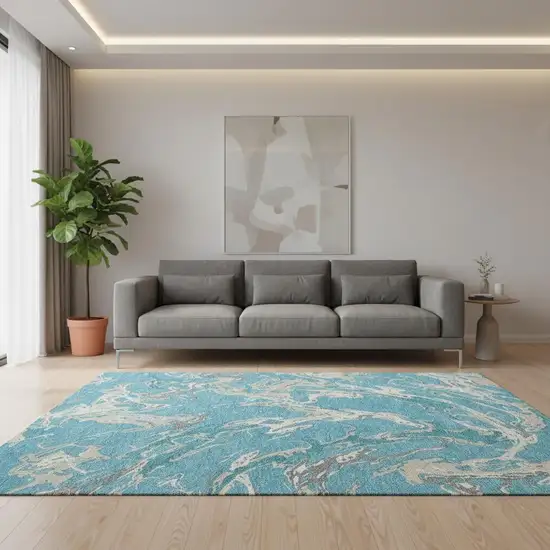 Teal Ivory And Gray Abstract Washable Area Rug With UV Protection Photo 2