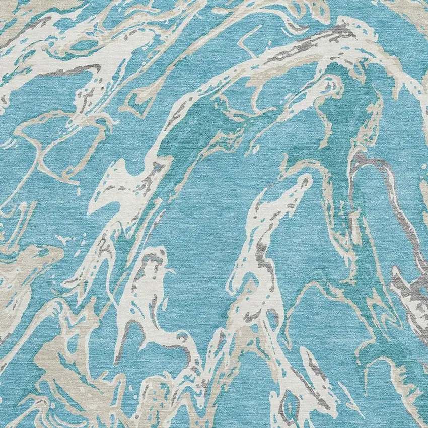 Teal Ivory And Gray Abstract Washable Area Rug With UV Protection Photo 2