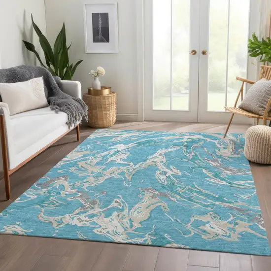 Teal Ivory And Gray Abstract Washable Area Rug With UV Protection Photo 5