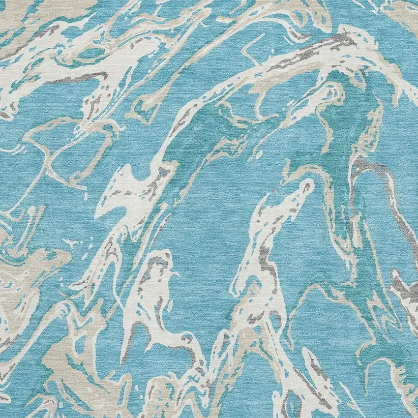 Teal Ivory And Gray Abstract Washable Area Rug With UV Protection Photo 2