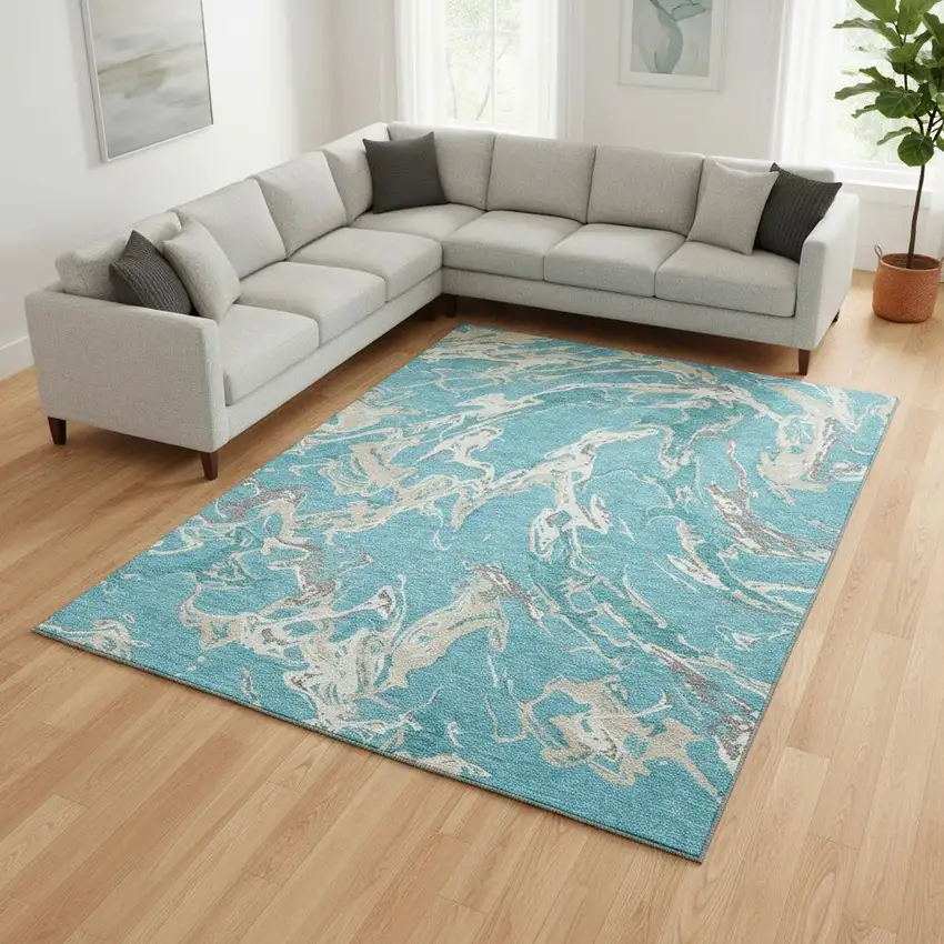 Teal Ivory And Gray Abstract Washable Area Rug With UV Protection Photo 2