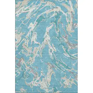 Photo of Teal Ivory And Gray Abstract Washable Area Rug With UV Protection