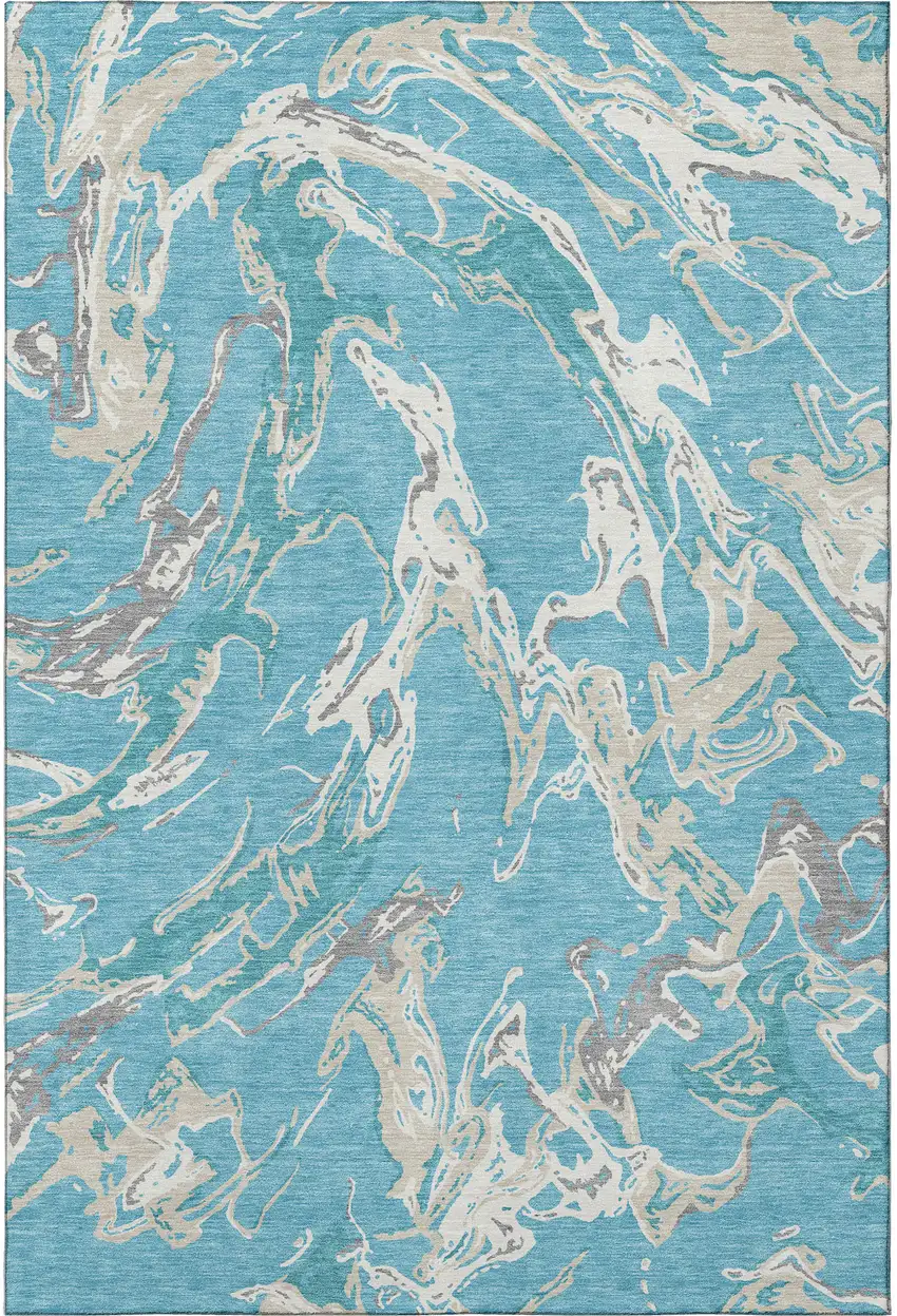 Teal Ivory And Gray Abstract Washable Area Rug With UV Protection Photo 3