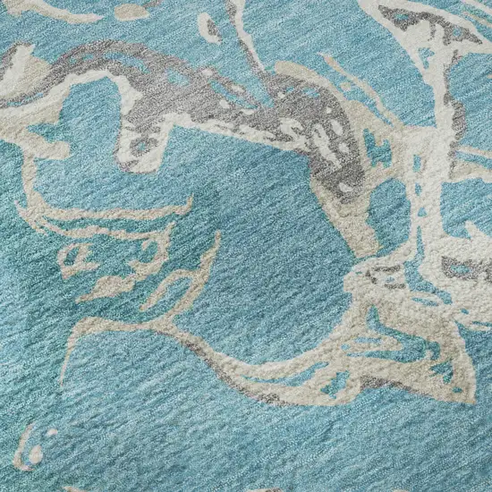 Teal Ivory And Gray Abstract Washable Area Rug With UV Protection Photo 9