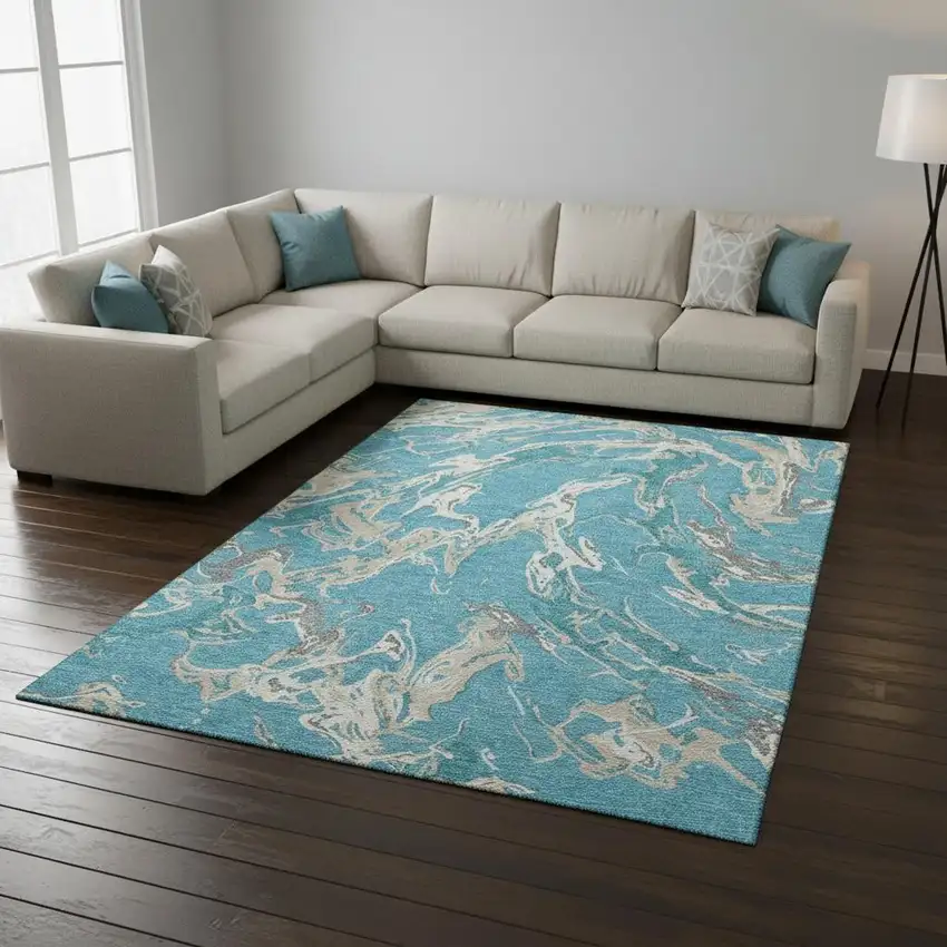 Teal Ivory And Gray Abstract Washable Area Rug With UV Protection Photo 2
