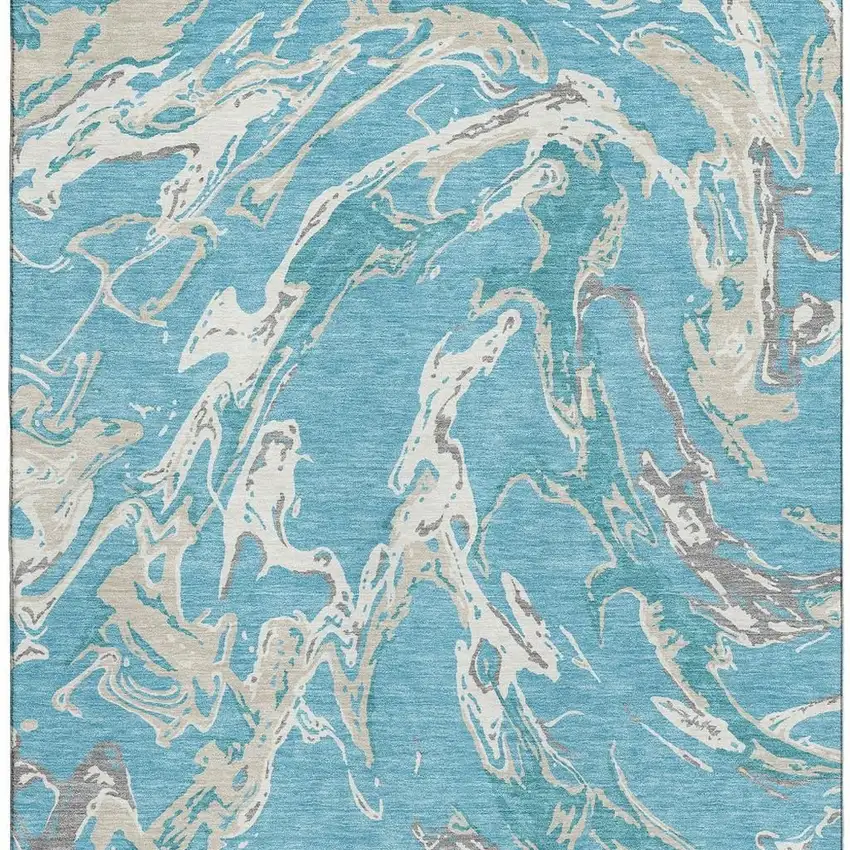 Teal Ivory And Gray Abstract Washable Area Rug With UV Protection Photo 2