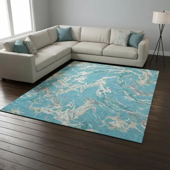 Teal Ivory And Gray Abstract Washable Area Rug With UV Protection Photo 2