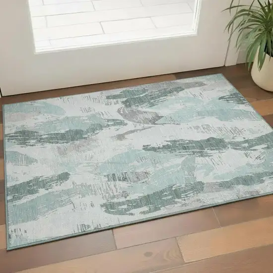 Teal Ivory And Gray Abstract Washable Area Rug With UV Protection Photo 2