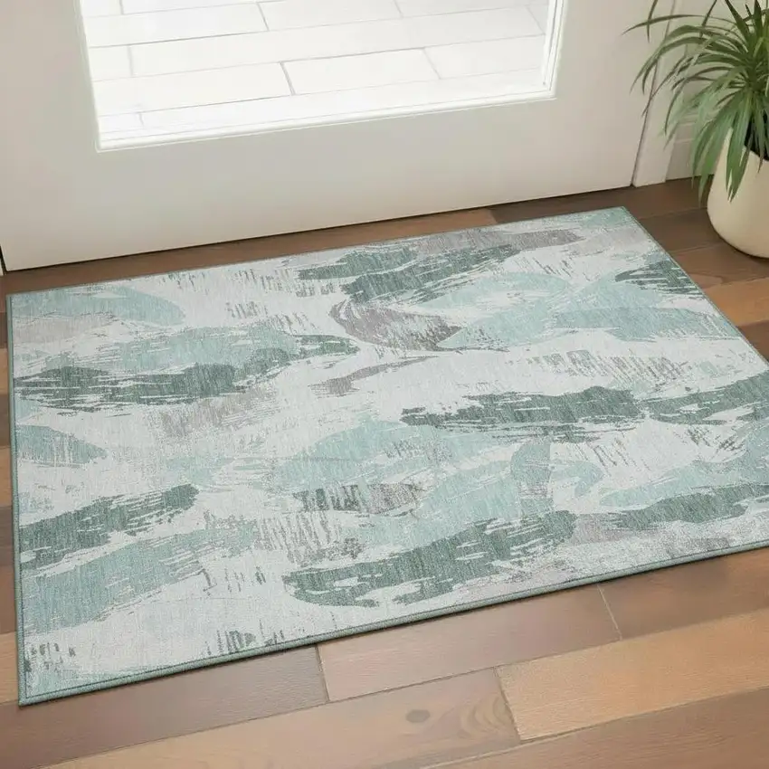 Teal Ivory And Gray Abstract Washable Area Rug With UV Protection Photo 2