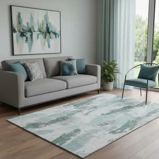Teal Ivory And Gray Abstract Washable Area Rug With UV Protection Photo 2