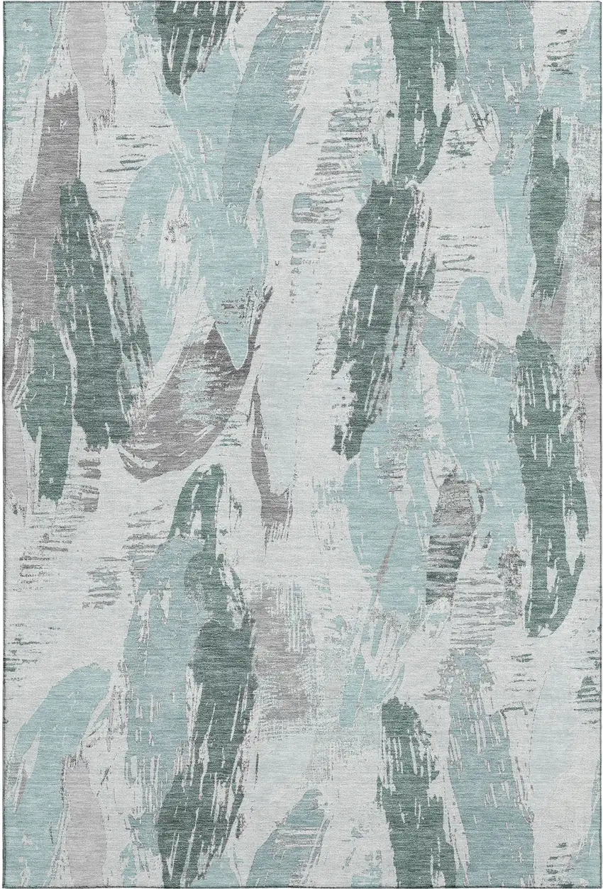 Teal Ivory And Gray Abstract Washable Area Rug With UV Protection Photo 1