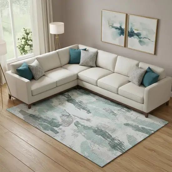 Teal Ivory And Gray Abstract Washable Area Rug With UV Protection Photo 2